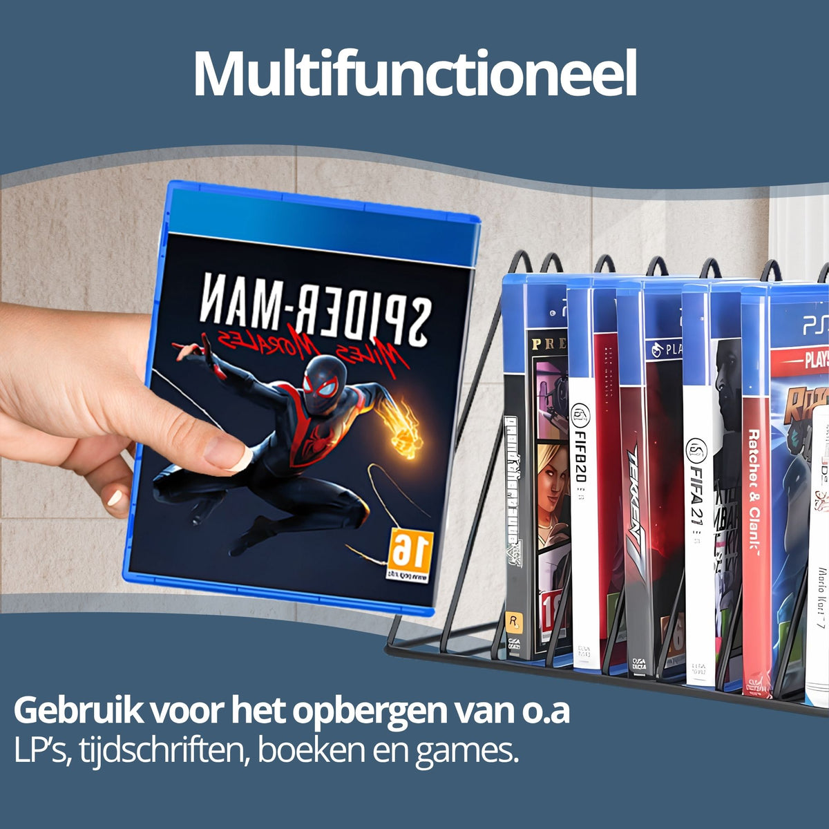 LP rack met playstation games in het rack