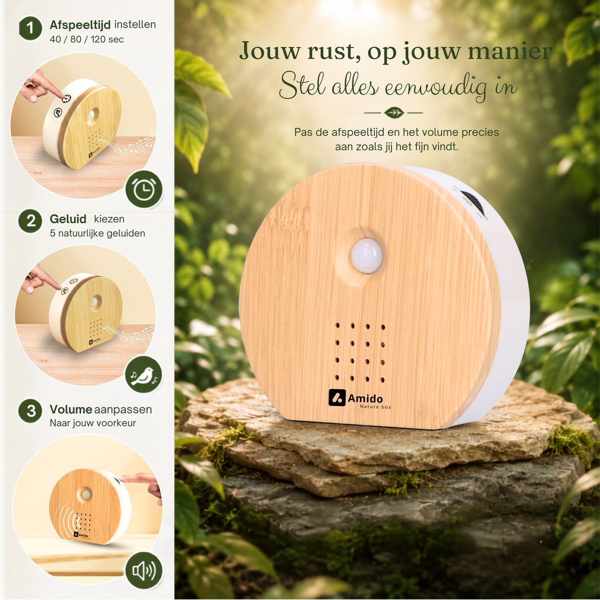 verstelbaar geluid, 5 verschillende geluiden en 3 verschillende tijden die je kan kiezen op de nature sound box