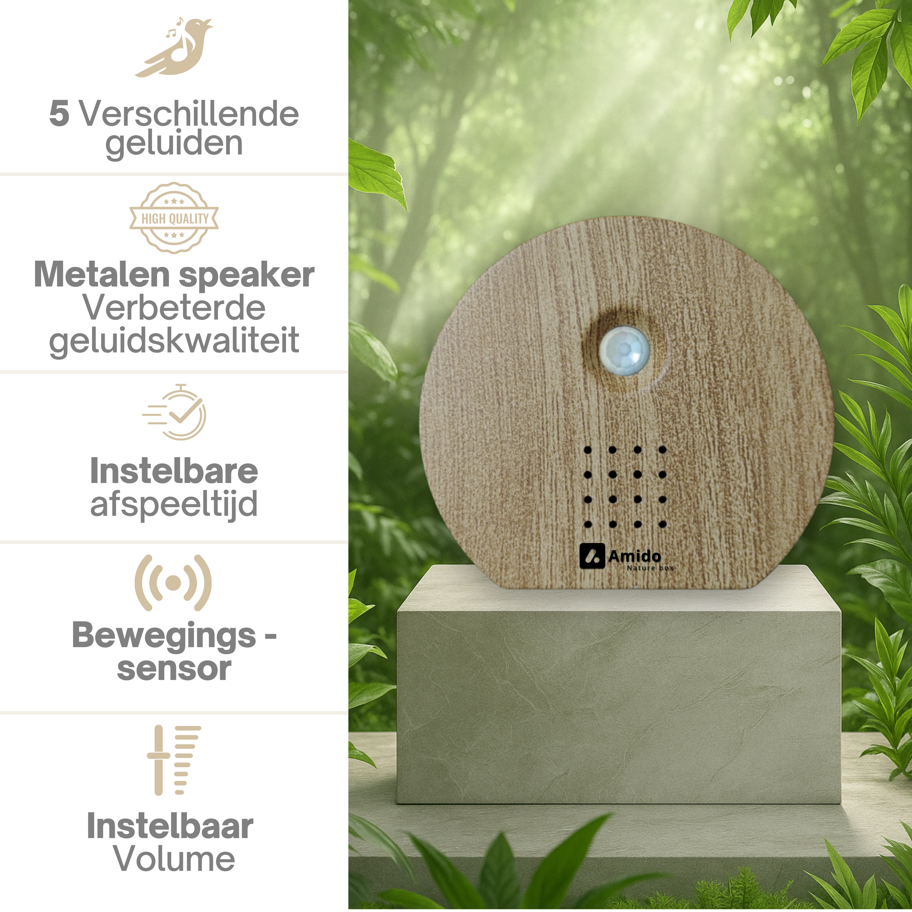 Amido nature sound box dark oak – vogelhuisje met geluid voor binnen