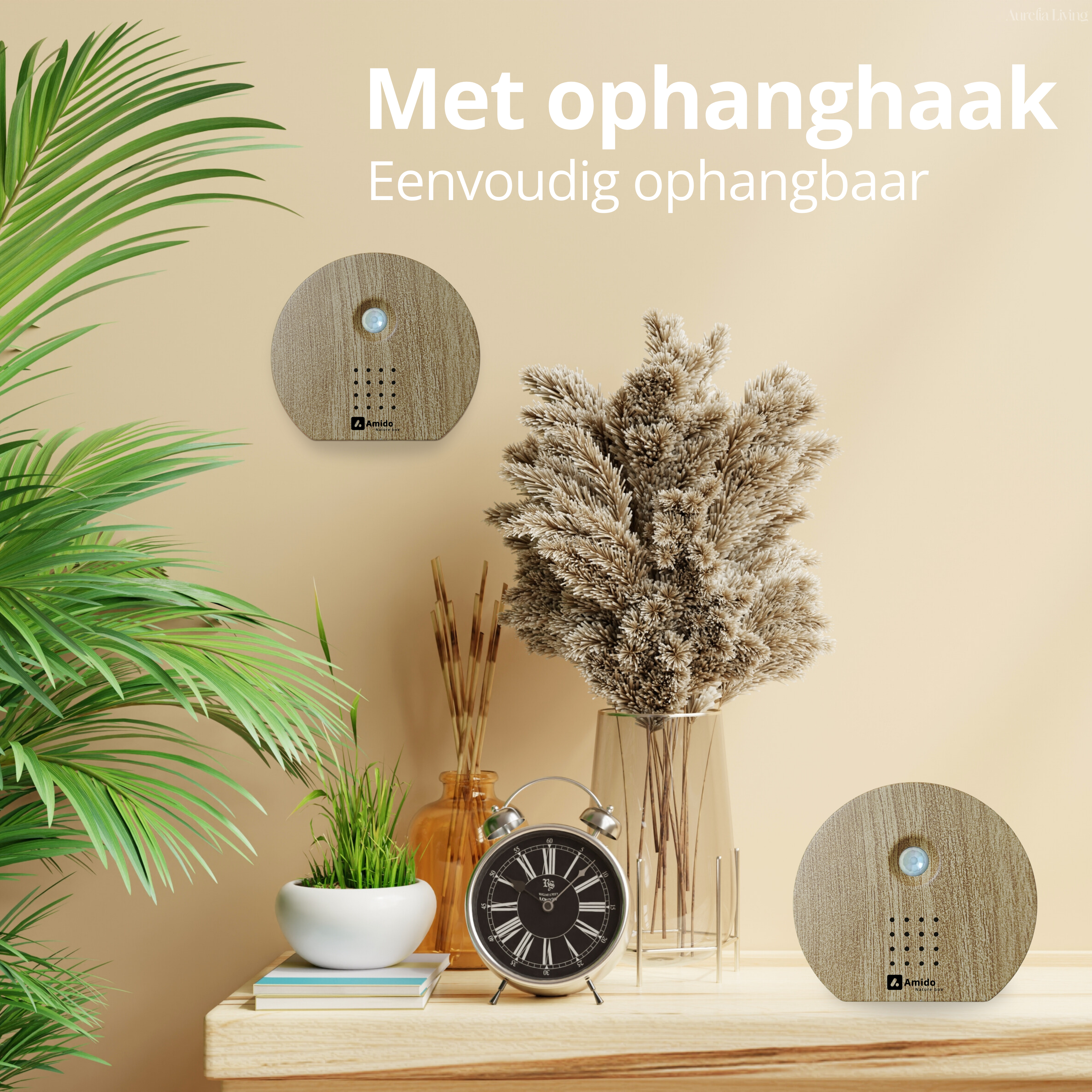 donkerhouten sound box met vogelgeluiden op dressoir