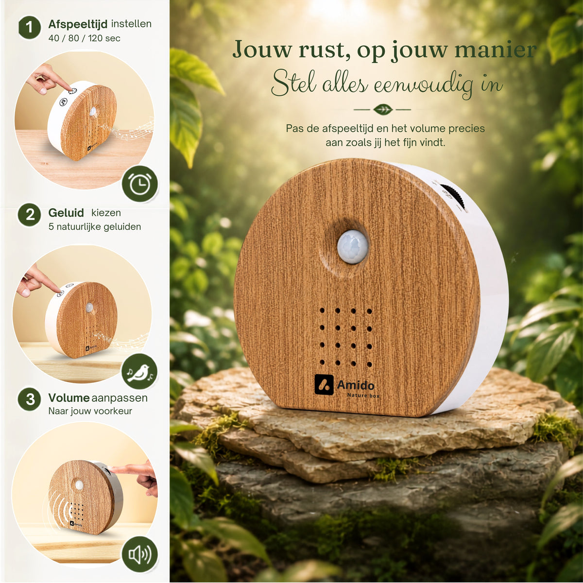 verstelbaar geluid, 5 verschillende geluiden en 3 verschillende tijden die je kan kiezen op de Amido nature sound box 